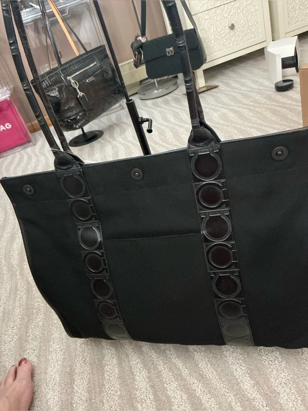 Salvatore Ferragamo Black Gancini Canvas Tote Bag Large Shoulder Shopper